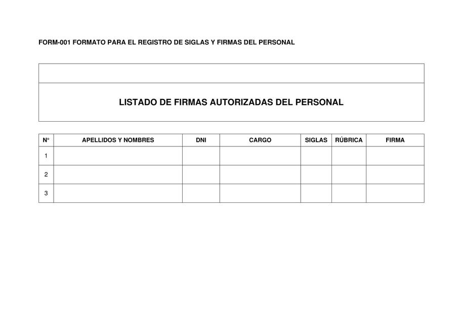 FORM 001 FORMATO PARA EL REGISTRO DE SIGLAS Y FIRM