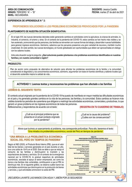 Experiencia de aprendizaje: proponemos soluciones a los problemas económicos provocados por la pandemia 