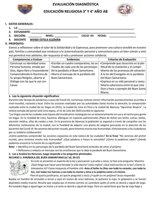 EVALUACIÓN DIAGNÓSTICA 3 Y 4 AÑO RELIGIÓN