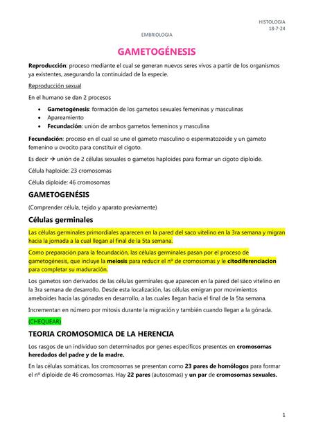 Gametogénesis y desarrollo embrionario