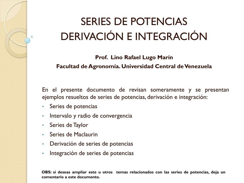 Series de Potencias Derivacion e Integracion Prof