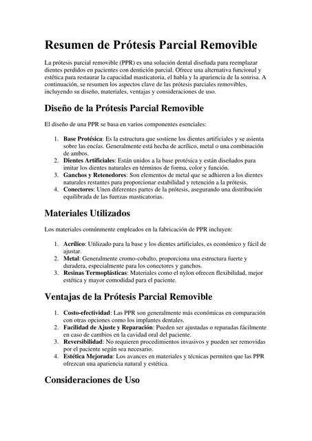 Resumen de Prótesis Parcial Removible