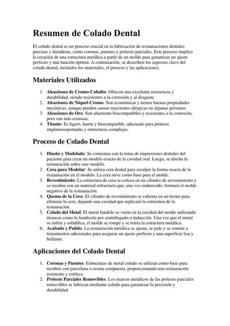 Resumen de Colado Dental