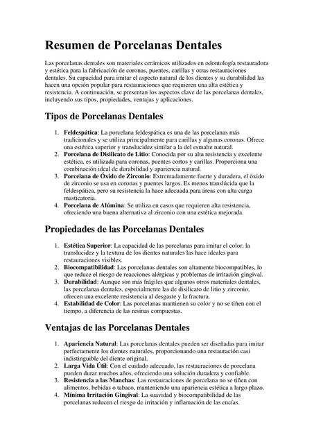 Resumen de Porcelanas Dentales