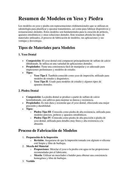 Resumen de Modelos en Yeso y Piedra