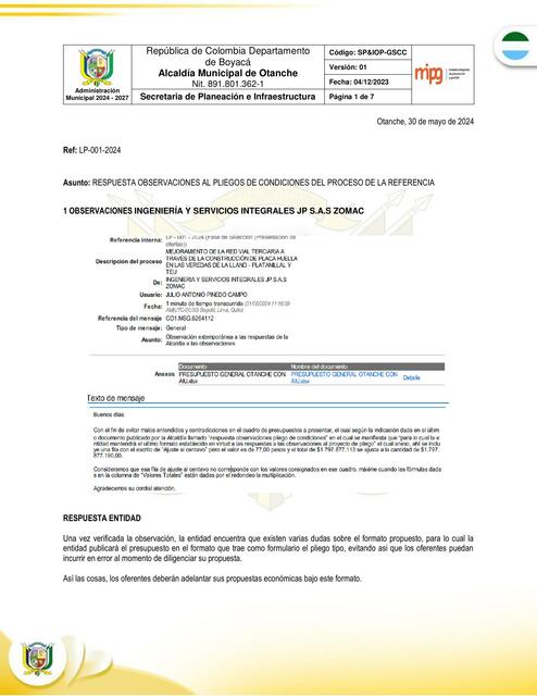 respuesta observaciones pliego de condiciones ADIC