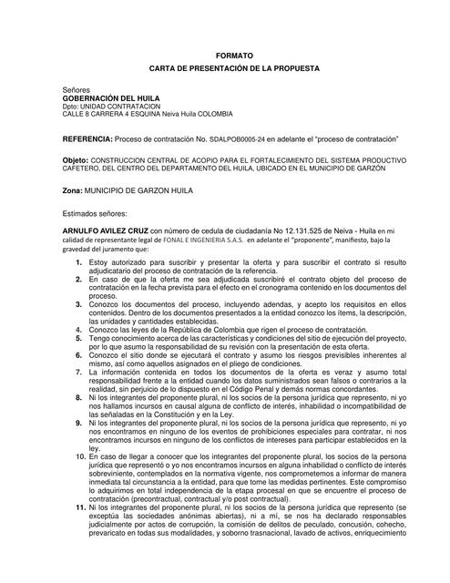 Formato Carta de Presentación de la Oferta garzon