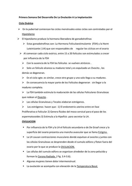 Primera Semana Del Desarrollo De La Ovulación A La Implantación   