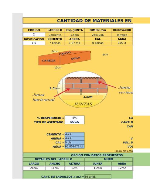 CANTIDAD DE MATERIALES EN MURO