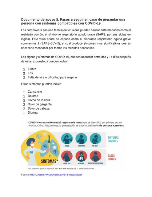 Documento de apoyo 5. Pasos a seguir en caso de presentar unapersona con síntomas compatibles con COVID-19