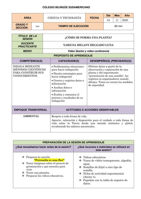 SESION DE APRENDIZAJE GERMINACION DE UNA SEMILLA