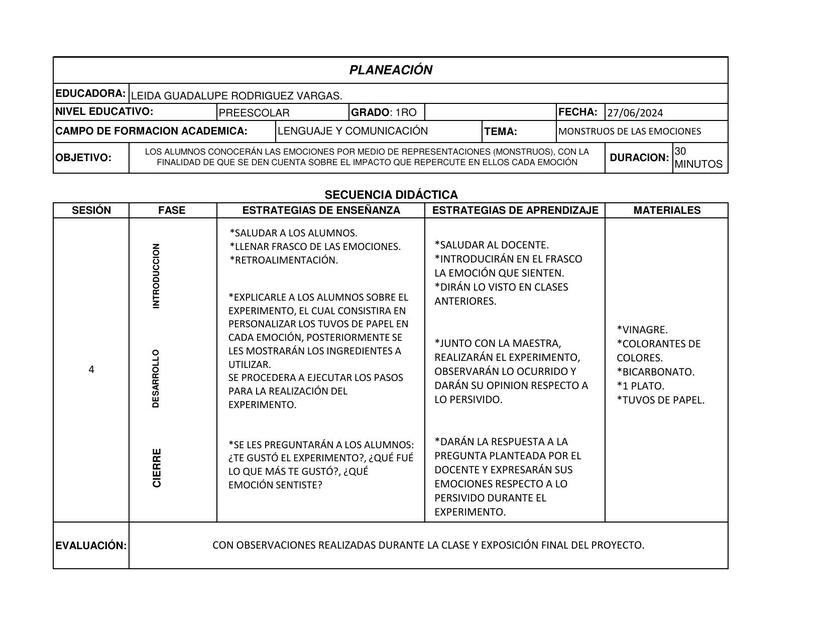 PLANEACION DE CLASES "LAS EMOCIONES"