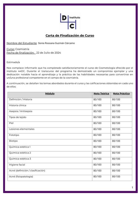 Carta de Finalización Cosmiatría