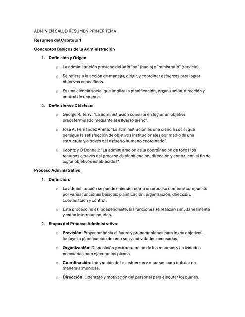 ADMINISTRACION EN SALUD PRIMER CAPITULO DE FUNDAMENTOS DE LA SALUD PUBLICA