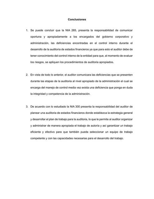 Conclusiones NIA 265 Y 300